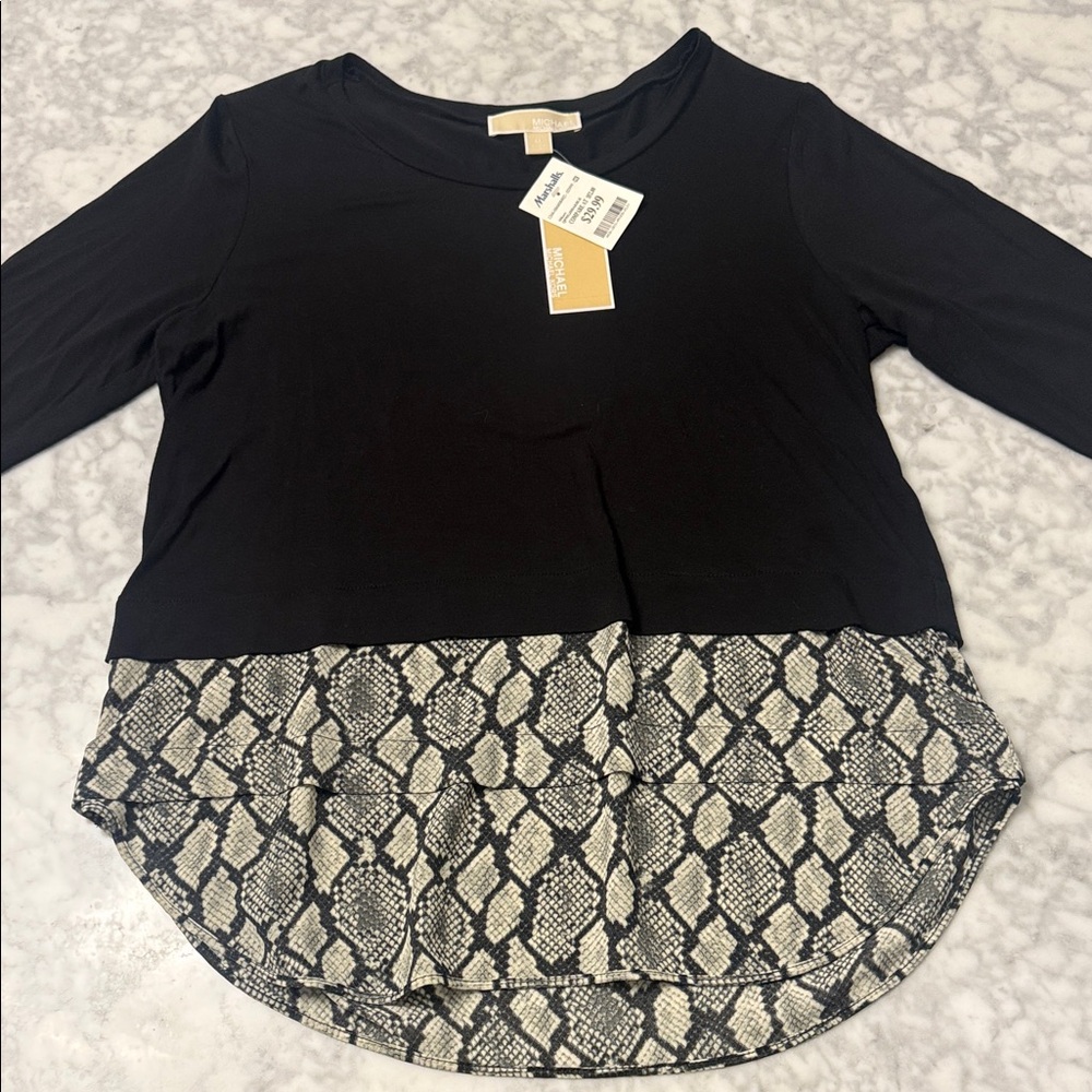 Michael Kors Black Long Sleeve Blouse with Snake Print Hem